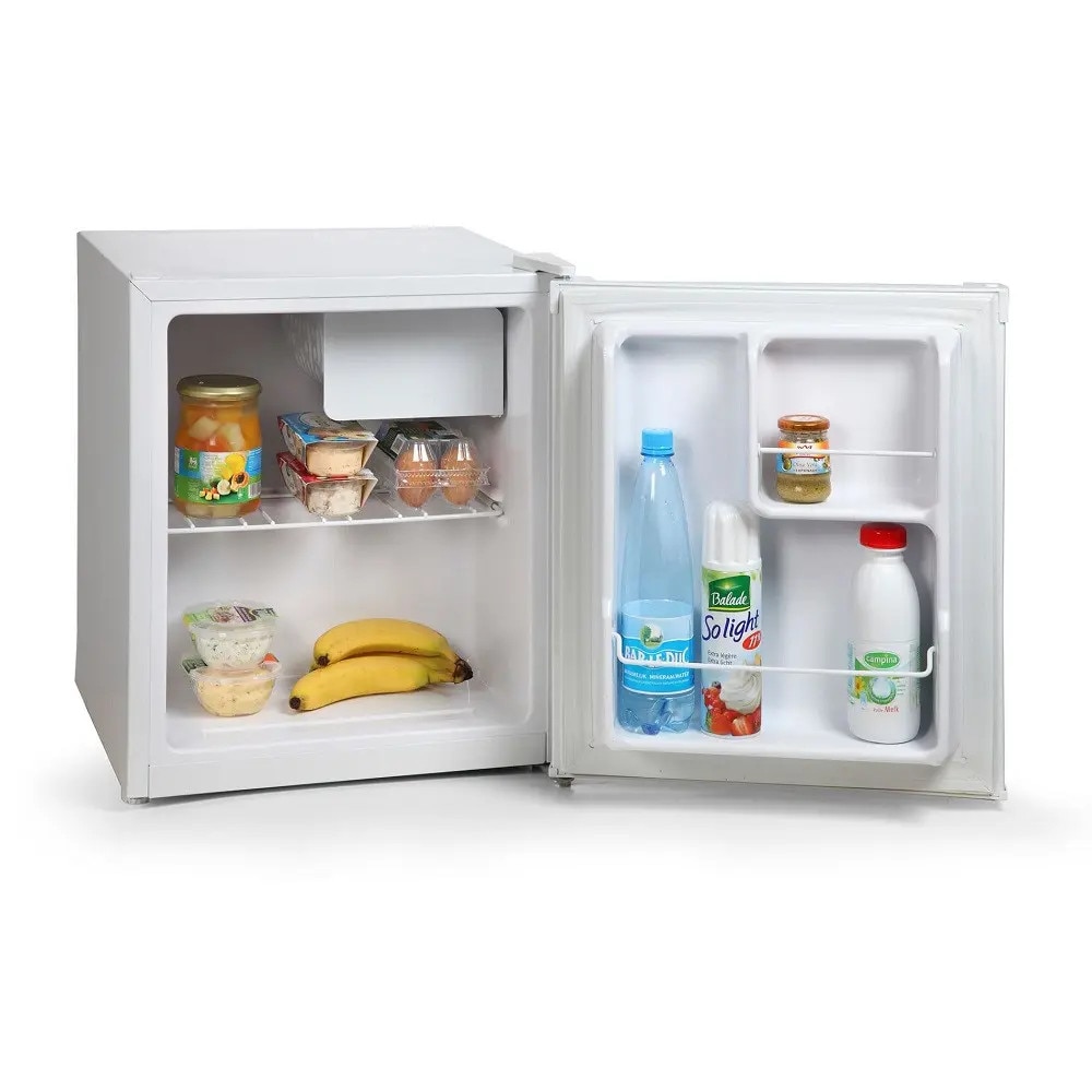 Frigider minibar DOMO, H 51.2 cm, capacitate 41 litri, congelator integrat, ideal pentru bucatarii mici/hotel/birou/rulota, consum redus, 1 raft otel, 2 compartimente pe usa, control temperatura, tava cuburi de gheata inclusa, alb