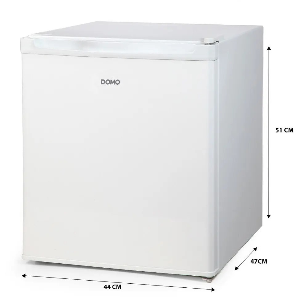 Frigider minibar DOMO, H 51.2 cm, capacitate 41 litri, congelator integrat, ideal pentru bucatarii mici/hotel/birou/rulota, consum redus, 1 raft otel, 2 compartimente pe usa, control temperatura, tava cuburi de gheata inclusa, alb