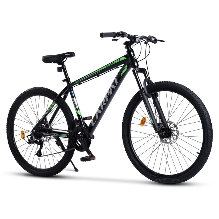 Планински велосипед Carpat Spartan JSX27581, алуминиева рамка, оборудване Hem50, предно окачване, колело 27,5 инча, предна/задна дискова спирачка, 21 скорости, черно със зелено