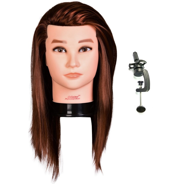Cap de manechin pentru frizerie, Calissimo, par sintetic, cu suport de fixare, 50 cm