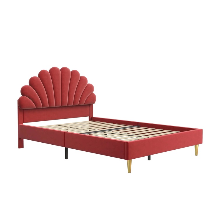 Kárpitozott ágy, bársony fejtámla, léces váz, 140x200 cm, bordó