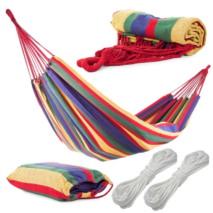 Хамак VarioShop, двоен, памук, максимално тегло 200 кг, размер 200 x 150 см, капак за съхранение/транспортиране, многоцветен