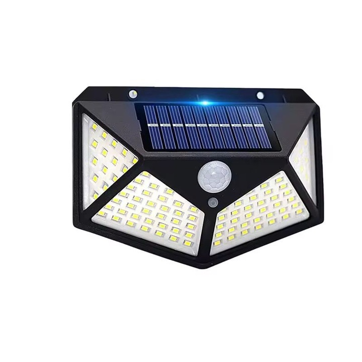 Lampa Solara LED Exterior cu Senzor Miscare, 100 LED-uri Ultra-Luminoase, 3 Moduri Iluminare Inteligenta, Panou Solar Eficient, IP65 Waterproof, Ideala pentru Gard, Curte, Terasa, Alei sau Garaj