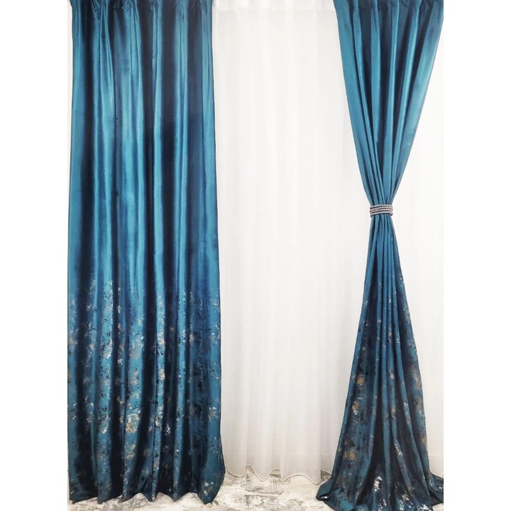 Set 2 Draperii Catifea Albastra cu insertii, L 1.5 m si H 2.5 m, Rejansa din Bumbac Reglabila