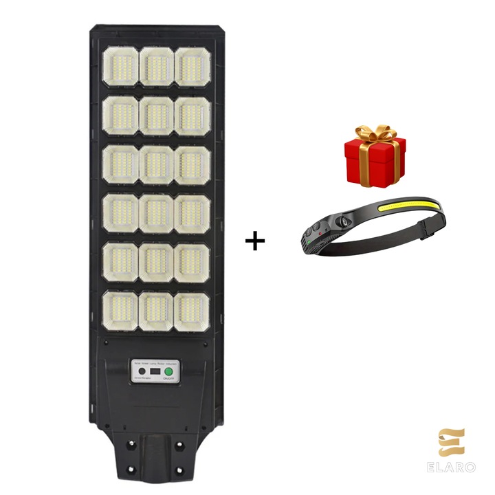 Соларна улична лампа RIXME 1200 W със соларен панел, сензор за движение и IP67 защита, включен подарък за челник, външно осветление