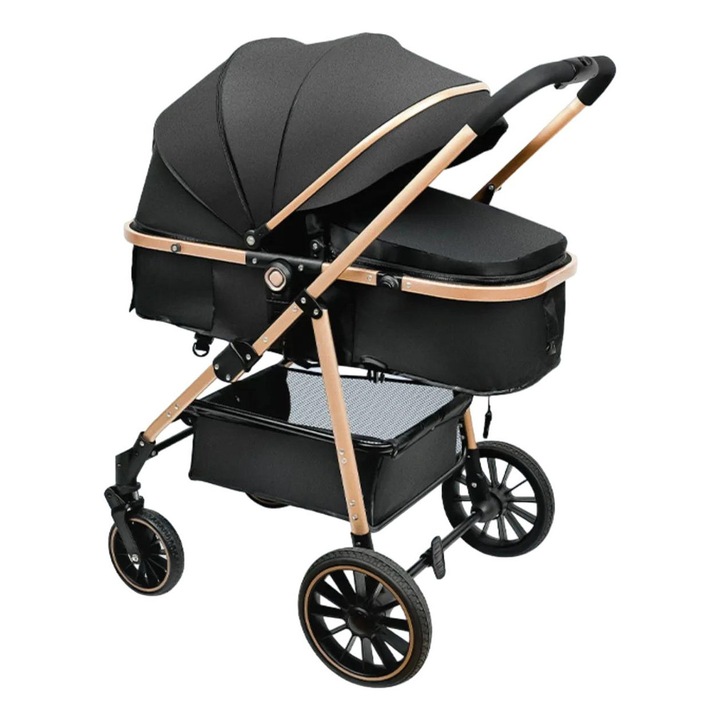 Бебешка количка 3 в 1, висок дизайн, с обръщаем кош за спане, черна, за деца от 0 до 36 месеца