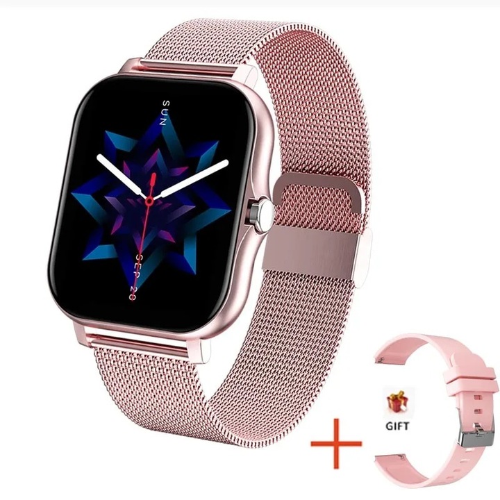 Ceas SmartWatch, Apel Bluetooth, Monitorizare Activitati Fizice si Ritm Cardiac, Oximetru SpO2, somn, pedometru, Calorii, Multi Moduri Sport, Rezistent La Apa, Rosegold Roz