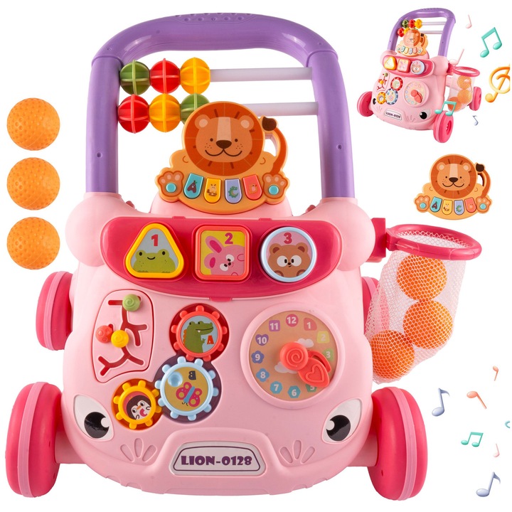 Antemergator si centru interactiv cu multiple activitati, pian multicolor, ceas, cos de baschet si multiple activitati SOLTOY® Lion Musical Cartoon Stroller Pink