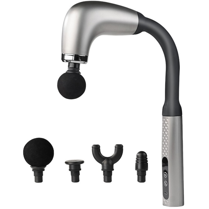 SDEPOT® pisztoly típusú masszírozó hosszabbítóval, 4 cserélhető fejjel, gyorstöltéssel, különböző vibrációs módokkal és 5 sebességgel, tökéletes izomfájdalmakra, ezüst
