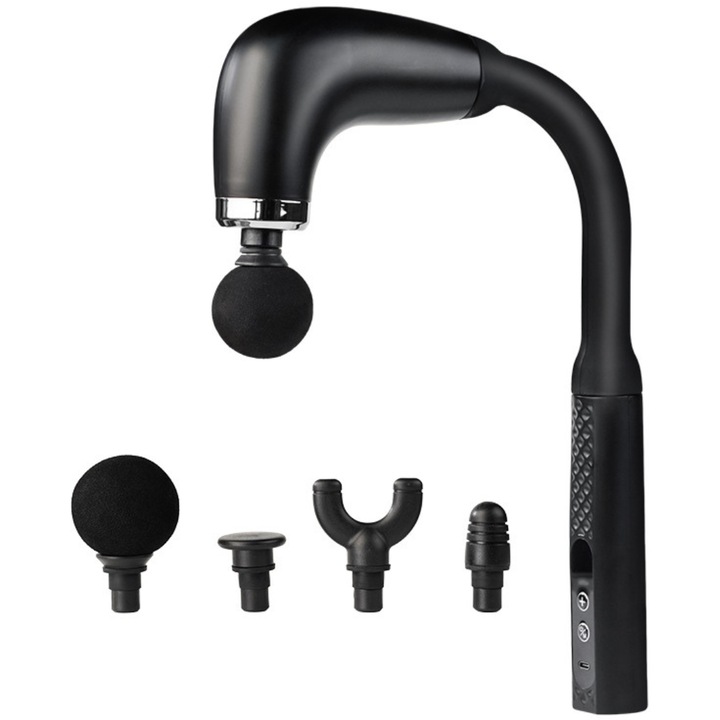 SDEPOT® pisztoly típusú masszírozó hosszabbítóval, 4 cserélhető fejjel, gyorstöltéssel, különböző vibrációs módokkal és 5 sebességfokozattal, tökéletes izomfájdalmakra, fekete
