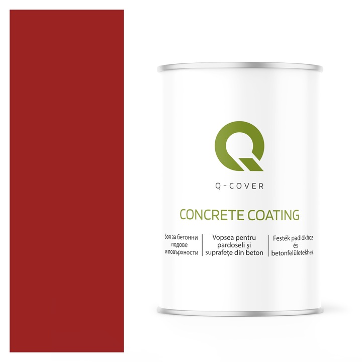 Vopsea pentru pardoseli si suprafete din beton, Q-Cover, Rosu semnalizare RAL 3001, pentru interior si exterior, rezistenta la murdarie, fara miros, fara substante toxice, rezistenta la UV, culori durabile, rezistenta la ulei de motor, finisaj mat, 0.9L