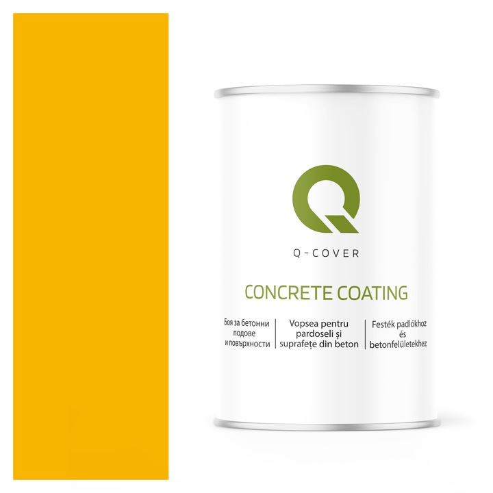 Vopsea pentru pardoseli si suprafete din beton, Q-Cover, Galben rutier RAL 1023, pentru interior si exterior, rezistenta la murdarie, fara miros, fara substante toxice, rezistenta la UV, culori durabile, rezistenta la ulei de motor, finisaj mat, 0.9L