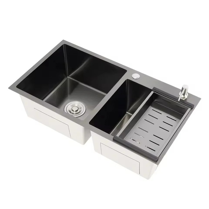 Комплект кухненска мивка, двойна тоалетна, неръждаема стомана, черно-сива