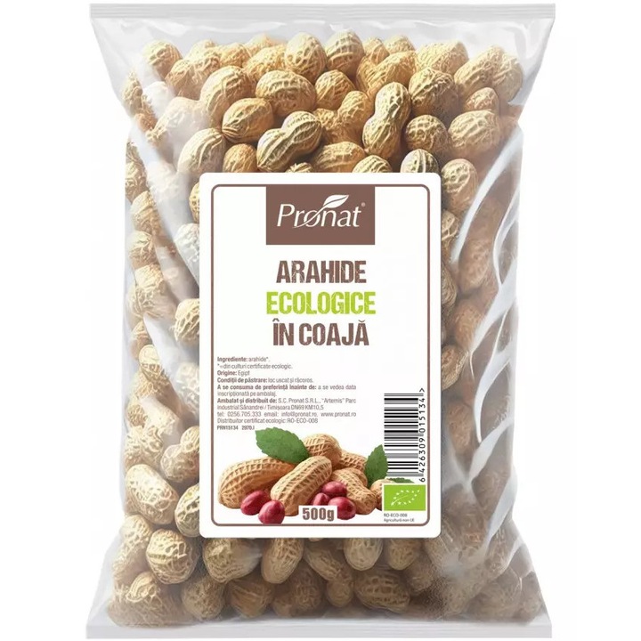 Arahide bio in coaja, uror prajite, nesarate, 500g Pronat