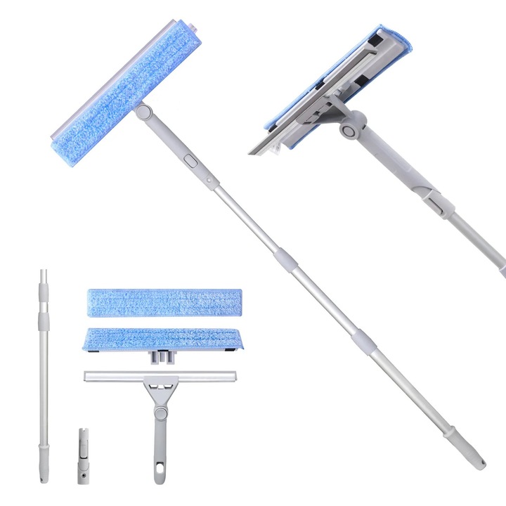 Stergator de geamuri Profesional 2 in 1, rotativ 180°, cu 2 lavete din microfibra detasabile, racleta 30 cm pentru curatare si lustruire Ferestre, Oglinzi, Usi de Sticla, Maner din Aluminiu, telescopic reglabil pana la 1,10m