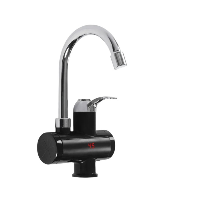 Elektromos vízcsap, 3000-3600 W teljesítmény, 360°-ban forgatható, digitális kijelző, fekete és ezüst