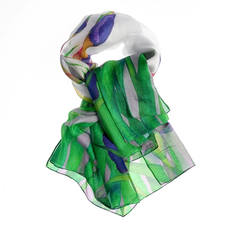 Esarfa matase cu imprimeu floral in nuante de verde si mov 100 x 100 cm, Meli Melo Paris