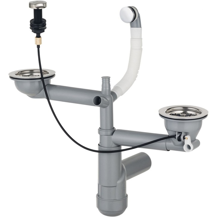 Sifon chiuveta bucatarie doua cuve Deante Space Saver Lux, 8.9cm diametru, cu sistem de montaj sub blat, gri