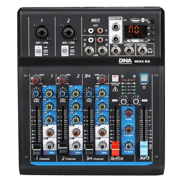 Аудио миксер DNA MIX 4 EQ, USB, MP3, Bluetooth, аналогов, 4 канала