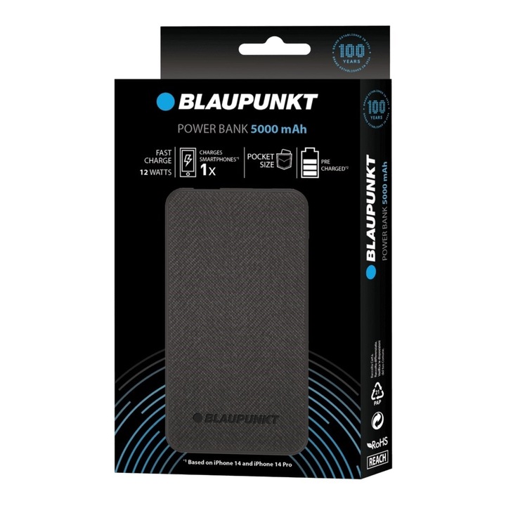 Powerbank Blaupunkt 5000 mAh, 12W, fekete, 100x187x20mm