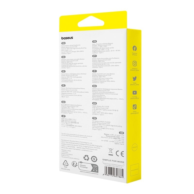 Casti cu fir, Baseus, Encok CZ20, negru, 1,1m, control pe cablu