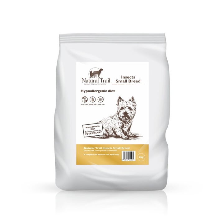 Hrana uscata pentru caini Natural Trail cu insecte, 2kg, fara gluten, pentru rase mici