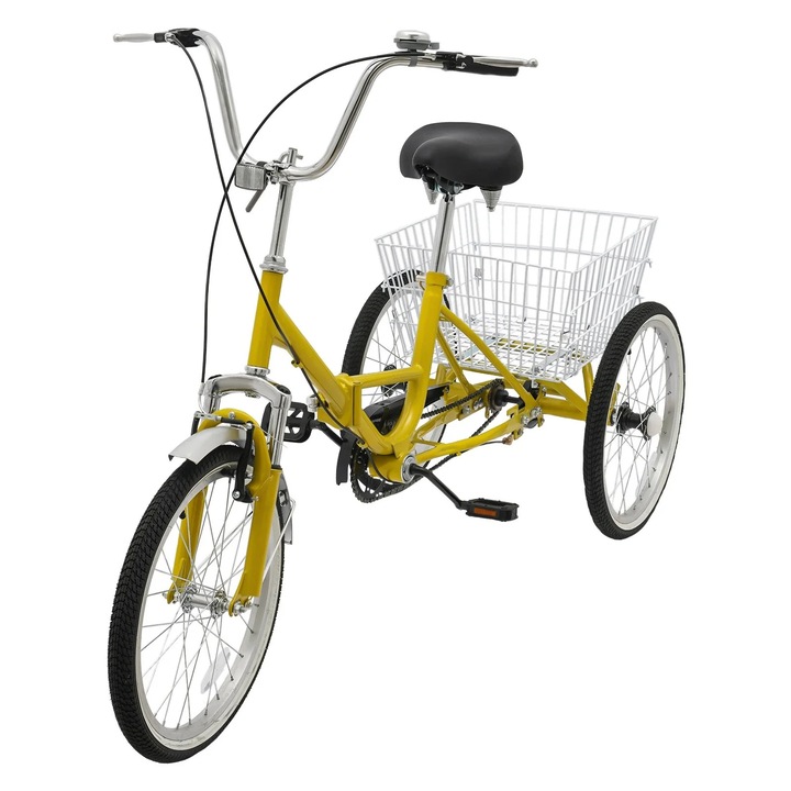 Сгъваема триколка, 1 скорост, 3 колела, жълта, товароносимост 110 кг, със задна кошница