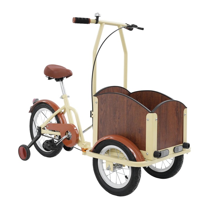 Детска триколка, товароносимост 80 кг, сгъваема конструкция, предпазни спирачки, бежова, колела 12" и 16"