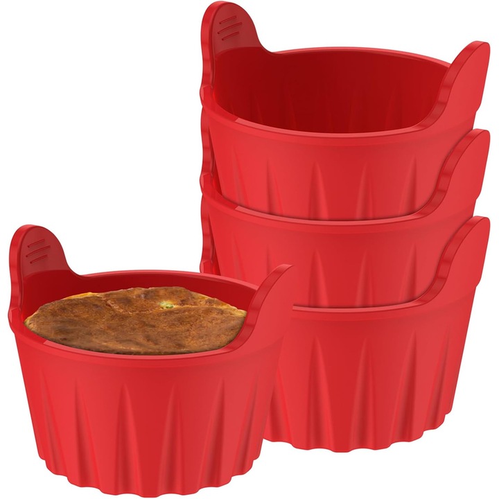 Set 4 forme oua silicon, Silikraft, reutilizabile, non-aderente, 8x6.5cm, rosu