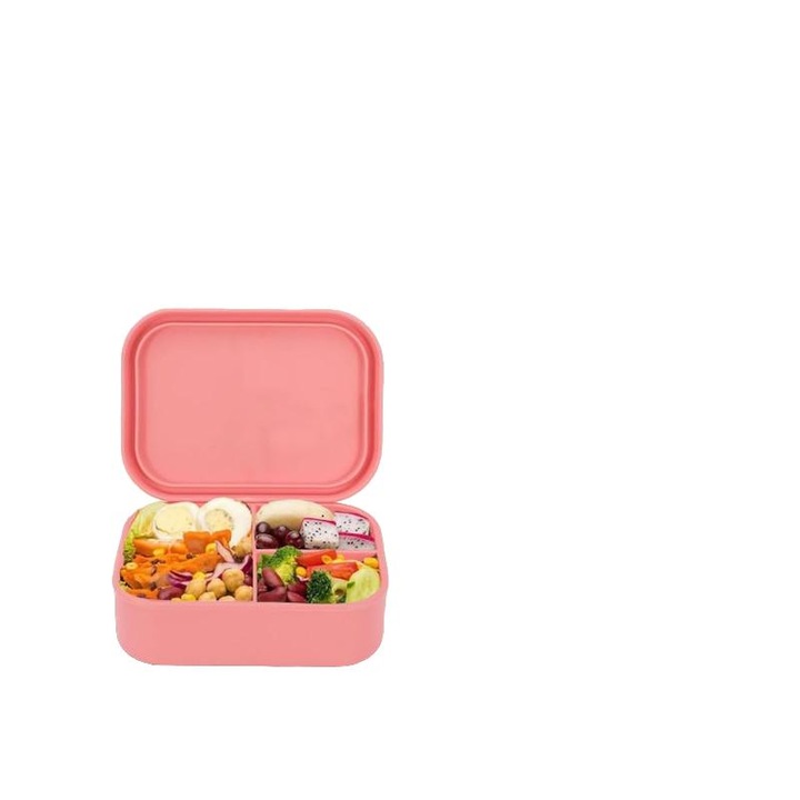 Cutie alimentara Silikraft, cutie bento din silicon, 3 compartimente etanse, roz, 800ml, 17x12.5x6cm