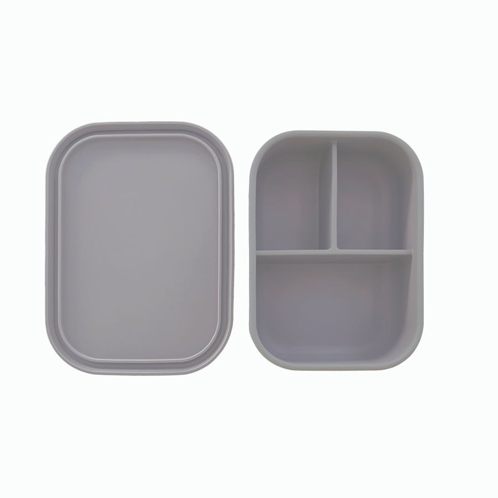 Cutie alimentara Silikraft, bento din silicon, 3 compartimente etanse, gri, 800ml, 17x12.5x6cm