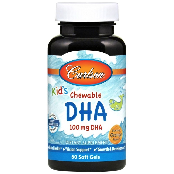 Chewable DHA (Omega 3 Masticabil pentru Copii), 100 mg, Carlson Kid's, 60 softgels