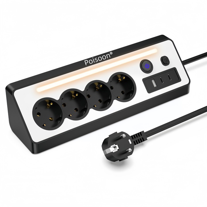 Разклонител 8 в 1, 4 гнезда, 3 USB, 2 USB-C, защита от претоварване, с LED, ъглов, H05VV-F 3G1.0mm², 3680W/16A, 220V-250V, 1.5M, черен