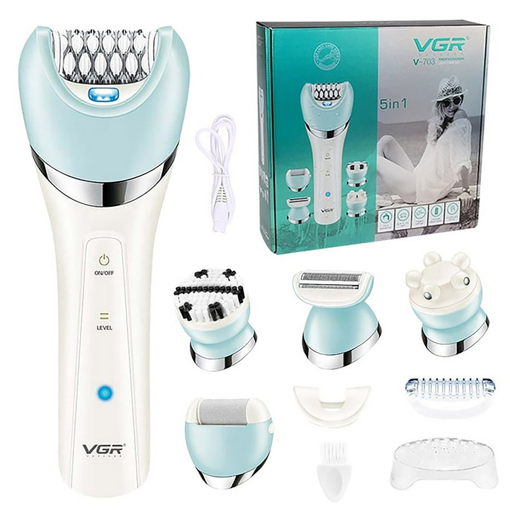 Epilator umed si uscat, 5 capete interschimbabile, utilizare fara fir, Lumina LED, 2 Viteze, Alb Pentru Picioare, corp, bikini, axile, barbierit nedureros, functionare silentioasa, Renew Force V-733