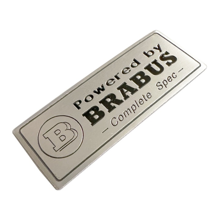 Placa metalica decorativa PBauto, potrivita pentru Mercedes A, B, C, E, S, M, G, CLA, GLA, 8cm x 3cm, Gri, tip Brabus