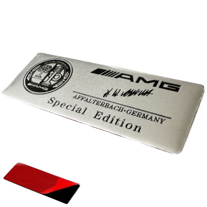 Декоративна метална табелка PBauto, Подходяща за Мерцедес A, B, C, E, S, M, G, CLA, GLA, 8см х 3см, Сива, Тип AMG