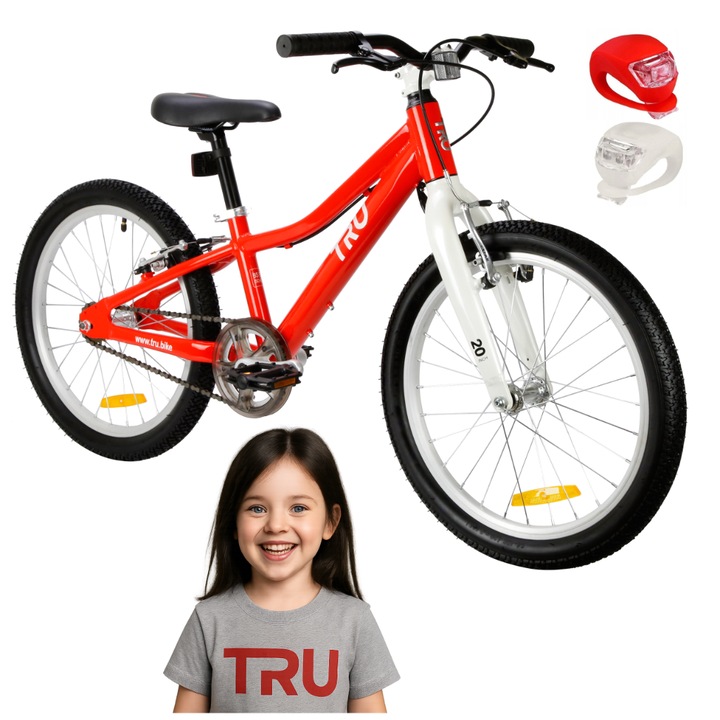 Bicicleta copii, Tru Bikes, Tru 2.0, Cadru Din Aluminiu, Foarte Usor, Greutate: 9 Kg, Pentru Copii Cu Varsta Intre 6-8 Ani, Ghidon Reglabil, Anvelopa De 20 Inch, Alb, Rosu