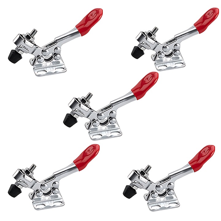 Set 5 Cleme de Prindere Orizontale GH-201, Capacitate 30KG, antiderapante, eliberare rapida, inox, 7.9X2.38X1.8CM, Argintiu/Rosu
