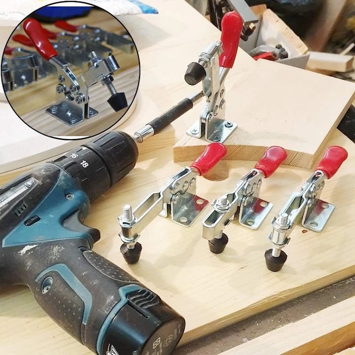 Set 5 Cleme de Prindere Orizontale GH-201, Capacitate 30KG, antiderapante, eliberare rapida, inox, 7.9X2.38X1.8CM, Argintiu/Rosu