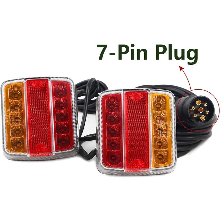Комплект LED задни светлини за ремарке 12V/24V, 7-пинова букса с магнитен държач за камион (кехлибарено и червено-LED, картон)