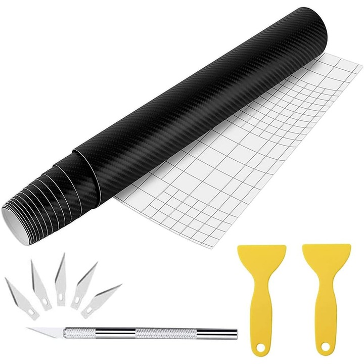 Folie adeziva carbon auto 300x30cm negru mat set cu raclete plastic