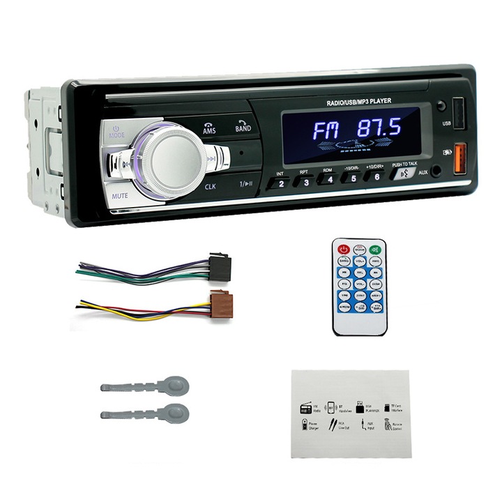 Radio auto MP3 player, Rqiurpn, Bluetooth, 4x60W, USB/AUX, suporta MP3/WMA/WAV, iluminare colorata, Telecomanda