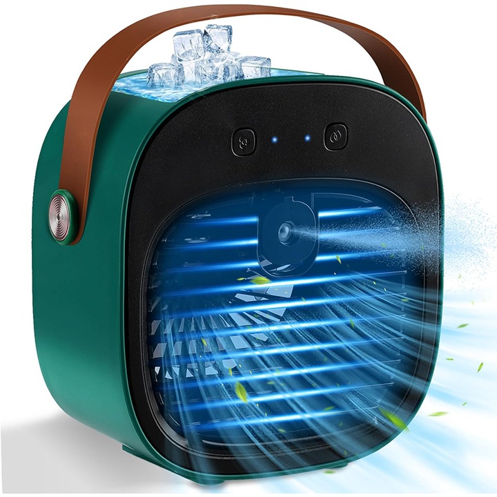 Hordozható léghűtő, Rqiurpn, 4000-5000mAh, 3 sebességfokozat, kompakt kialakítás, beltéri és kültéri használatra, ultra csendes, otthonra, kempingezéshez, zöld