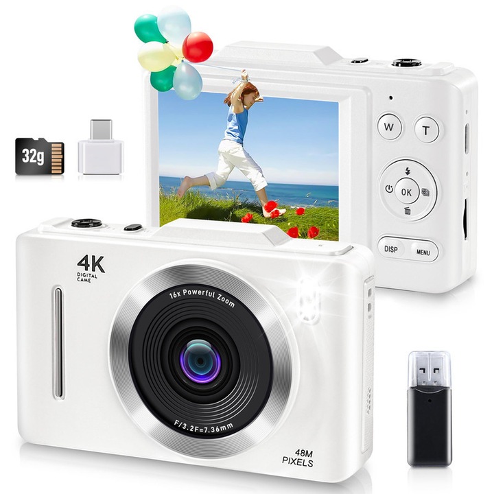 Camera Digital 4K 48MP, Aparat Foto Digital pentru Copii, Alb, Video la FHD 1080P, Card de memorie de 32GB, Mod macro anti-vibrare, Zoom digital 16x- Cadou pentru Incepatori si Adolescenti
