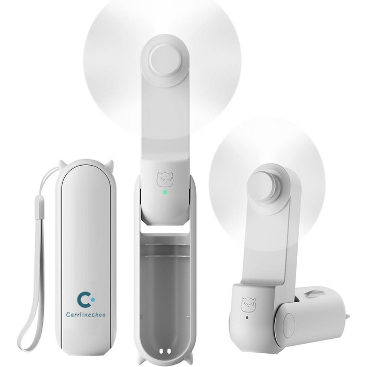 Мини вентилатор за ръце, 2000 mAh, 2 в 1, 3 скорости, преносим USB акумулаторен вентилатор, сгъваем, малък джобен дизайн, carrlinechoo®, бял