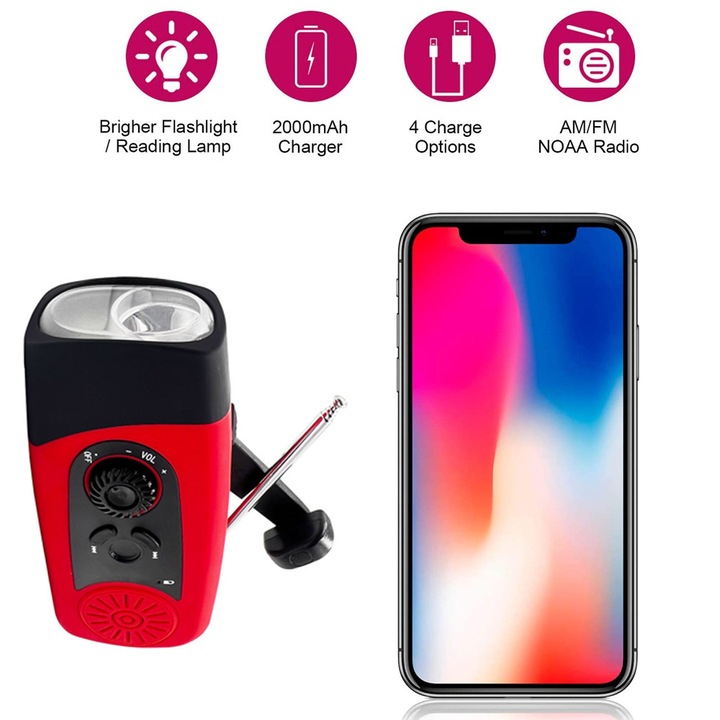 Vészhelyzeti időjárás rádió napelemes kézi hajtókarral, hordozható FM rádió LED zseblámpával, 2000 mAh akkumulátor