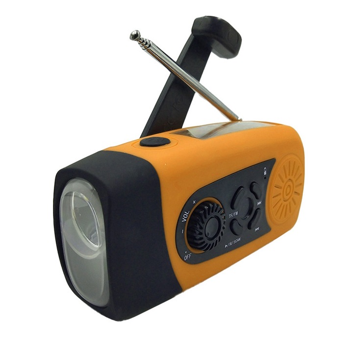 Napelemes és kézi hajtókaros vészhelyzeti időjárás rádió, hordozható TF/FM rádió LED zseblámpával, 2000 mAh akkumulátorral