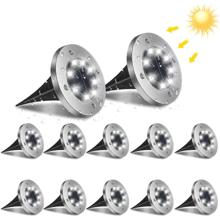 Lampa solara incastrabila, 12 bucati, 8 LED, alb rece, IP65, 500g-3kg