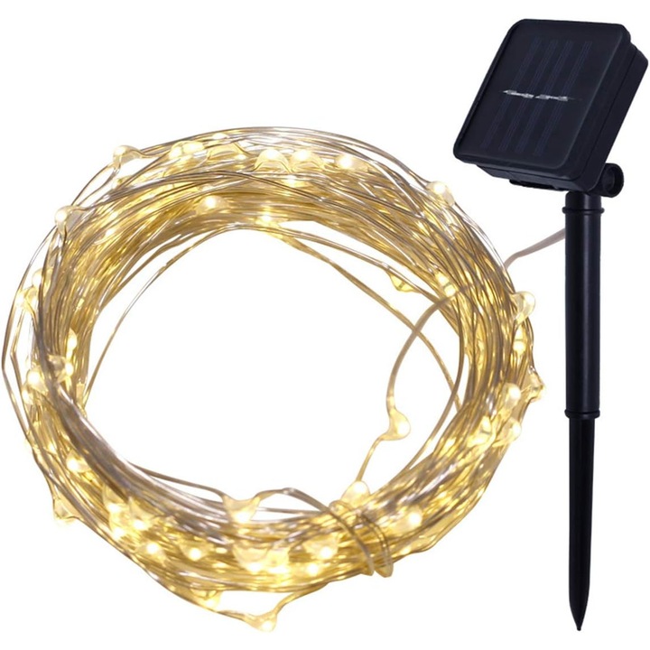 Lumini solare cu fir flexibil, Enforose, alb rece, 7m, 50 LED, rezistente la apa, moduri de iluminare multiple