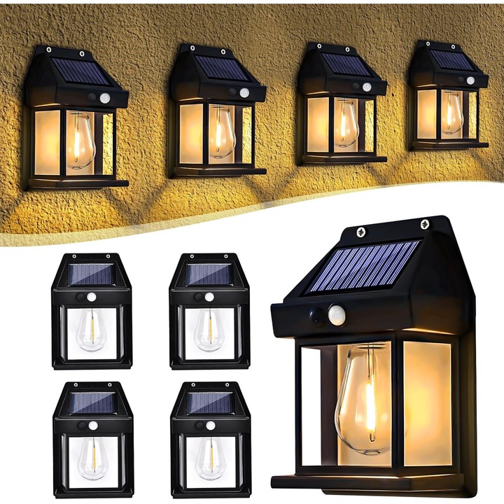 Lampa solara de perete cu senzor miscare, 3 moduri, alb cald, IP65, 30x15x10cm